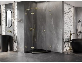 Mexen Lunar, L päťuholníkový sprchový kút naklápací doľava 100 x 100 cm, 8mm číre sklo, zlatý matný profil, 831L-100L-100P-55-00-L