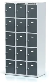 Alfa 3 Šatníková skrinka s úložnými boxami, 15 boxov, 1800 x 900 x 500 mm, cylindrický zámok, tmavosivé dvere