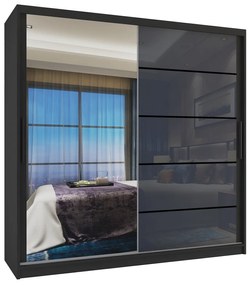 Šatníková skriňa 200 cm Belini čierny maý / šedý lesk s posuvnými dverami zrkadlom a zásuvkami MGB SZP5/1/B/1L5S/KLP