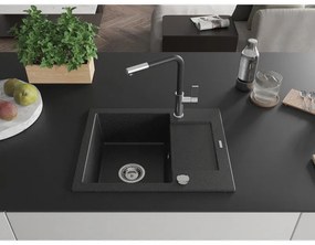 Mexen Enzo, 1-komorový granitový drez 576x465x174 mm a drezová batéria Flora, čierna-strieborná metalíza, 6506-73-670401-07