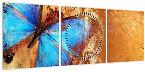 Obraz - Modrý motýľ (s hodinami) (90x30 cm)