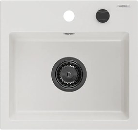 Mexen Milo, granitový drez 435x410x171 mm, 1-komorový, biela s čiernym sifónom, 6505441000-20-B