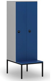 Drevená šatníková skrinka s lavičkou, 2 oddiely, 1871 x 600 x 500/800 mm, demont, RFID zámok, sivá / modrá