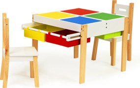 Detský drevený stôl s 2 stoličkami ECOTOYS – otočný blat, 4 úložné priehradky