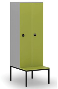 Drevená šatníková skrinka s lavičkou, 2 oddiely, 1871 x 600 x 500/800 mm, RFID zámok, sivá/zelená