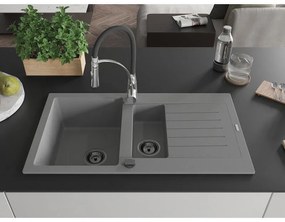 Mexen Matias, granitový drez 900x505x200 mm, 1,5-komorový a drezová batéria Aster, šedá, 6502-71-73450-07-B