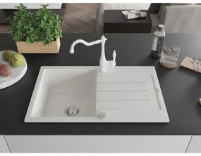 Mexen Bruno, granitový drez 795x495x200 mm, 1-komorový a drezová batéria Carla, biela, 6513-20-670700-20