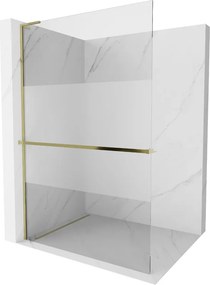 Mexen Kioto+ L, sprchová zástena Walk-In s poličkou a vešiakom 100 x 200 cm, 8mm číre sklo-námraza, zlatý lesklý profil,800-100-123-50-35
