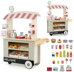 Detský drevený vozík s jedlom na 3 kolieskach s pokladňou, pojazdný vozík s jedlom pre deti od 3 rokov. Zelený.