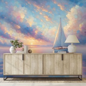 Tapeta plachetnica na pokojnom mori pri západe slnka