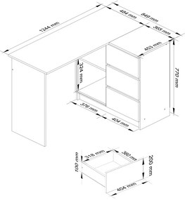 Rohový písací stôl B16 124 cm šedý/bílý pravý
