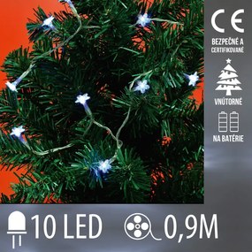 Vianočná led svetelná reťaz vnútorná na batérie s priesvitným káblom - snehové vločky - 10led - 0,9m studená biela