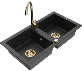 Mexen Mario, 2-komorový granitový drez 820x436x161 mm a zlatá lesklá drezová batéria Telma, čierna-strieborná metalíza, 6504-73-670200-50