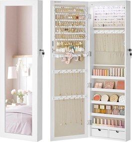 Nástenná skrinka na šperky, šperkovnica, uzamykateľná, 10 x 30 x 120 cm, biela