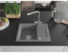 Mexen Enzo, granitový drez 576x465x174 mm, 1-komorový, chrómová batéria Duero, šedá, 6506-71-671600-00