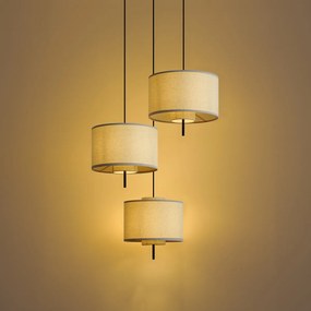 Japandi závesná lampa čierna s bielym ľanovým tienidlom 3-svetelná - Rieu