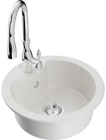 Mexen Diego, 1-komorový granitový drez 488x488x167 mm a drezová batéria Savita, biela, 6512-20-672601-00