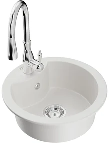 Mexen Diego, 1-komorový granitový drez 488x488x167 mm a drezová batéria Savita, biela, 6512-20-672601-00