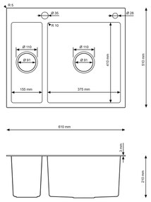 Erga HD, 1,5-komorový oceľový drez 610x510x210 mm s dávkovačom saponátu, brúsená zlatá, ERG-MLS-HD6151G