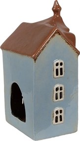 Modrý keramický svietnik na čajovú sviečku domček Amster Village - 13*9*22 cm