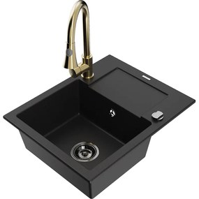 Mexen Enzo, 1-komorový granitový drez 576x465x174 mm a drezová batéria Elia, čierna, 6506-77-670101-50-B