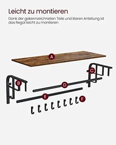 Nástenný vešiak s policou, 5 háčikov, čierna, tmavo-hnedá farba,  27x80x30cm