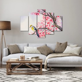 Obraz - Vtáčik na strome s červenými kvetmi (150x105 cm)