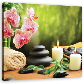 Obraz na plátně, Svíčky orchidejí a znové kameny - 60x60 cm