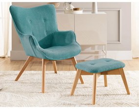 Tyrkysové menčestrové kreslo s podnožkou Niko – Ropez