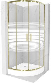 Mexen Rio, štvrťkruhový sprchovací kút s posuvnými dverami 80(dvere) x 80(dvere) x 190 cm, 6mm číre sklo s pásikmi, zlatý profil + biela sprchová vanička RIO, 863-080-080-50-20-4710