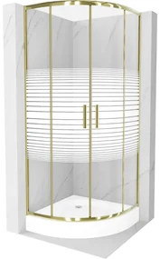 Mexen Rio, štvrťkruhový sprchovací kút s posuvnými dverami 80(dvere) x 80(dvere) x 190 cm, 6mm číre sklo s pásikmi, zlatý profil + biela sprchová vanička RIO, 863-080-080-50-20-4710