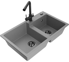 Mexen Tomas, granitový drez 800x500x190 mm, 2-komorový a čierna batéria Duero, šedá, 6516-71-671600-70-B