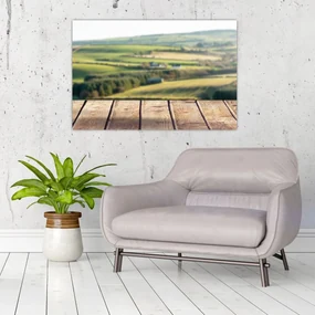 Obraz - Drevená polica s krajinou (90x60 cm)
