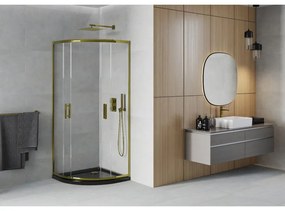 Mexen Rio, štvrťkruhový sprchovací kút s posuvnými dverami 80(dvere) x 80(dvere) x 190 cm, 6mm číre sklo, zlatý profil + čierna sprchová vanička SLIM, 863-080-080-50-00-4170G