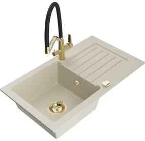 Mexen Pablo, granitový drez 752x436x161 mm, 1-komorový a drezová batéria Duo, béžová, 6510-69-671701-57-G