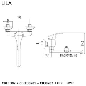 Mereo Mereo, Drezová nástenná batéria, Lila, s ramienkom plochým rovným 180 mm, chróm, MER-CBEE30205