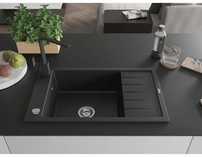 Mexen Elias, granitový drez granitový 795x480x200 mm, 1-komorový, čierna s chrómovým sifónom a čierna drezová batéria Rita, 6511-77-670300-70