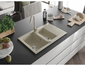 Mexen Gaspar, 1,5-komorový granitový drez s odkvapkávačom 74x48 cm a kuchynskou batériou Telma, béžová, 6507-69-670200-69