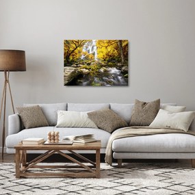 Sklenený obraz - Vodopády v jesennej krajine, žlté (70x50 cm)