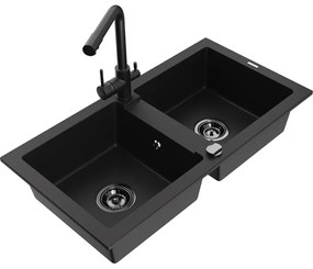 Mexen Mario, 2-komorový granitový drez 820x436x161 mm a čierna drezová batéria Duero, čierna, 6504-77-671600-70-B