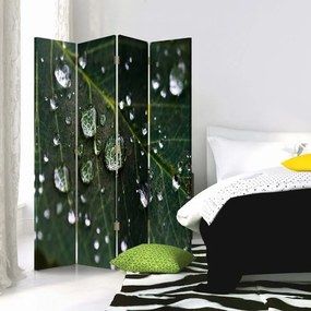 Ozdobný paraván Zelené listy kapky vody - 145x170 cm, štvordielny, obojstranný paraván 360°