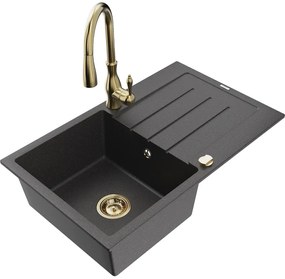 Mexen Bruno, 1-komorový granitový drez 795x495x200 mm a drezová batéria Savita, čierna škvrtnitá, 6513-76-672601-50
