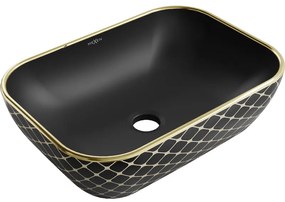 Mexen Rita umývadlo na dosku 45 x 32 cm, Čierna matná/Zlatá mriežkový vzor - 21084579
