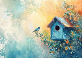 Sklenený obraz - Vtáčia búdka, akvarel (70x50 cm)