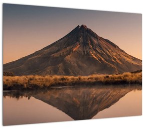 Sklenený obraz odrazu hory Taranaki, Nový Zéland (70x50 cm)