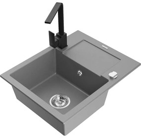 Mexen Enzo, granitový drez 576x465x174 mm, 1-komorový a čierna batéria Rita, šedá, 6506-71-670300-70