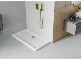 Mexen SLIM - Obdĺžniková sprchová vanička 140x70x5cm + zlatý sifón, biela, 40107014G