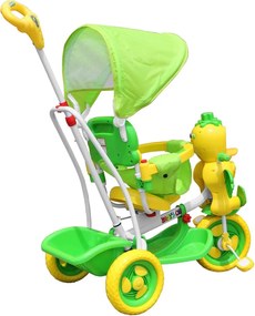 RAMIZ Detský bicykel Green Duck s 3 kolesami + zvuky + strecha + zábrana + opierka na nohy + rukoväť + úložný priestor A11-2- zelené