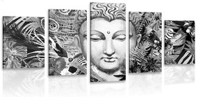 5-dielny obraz Budha na exotickom pozadí v čiernobielom prevedení