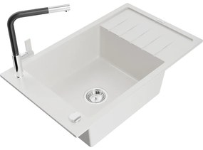 Mexen Elias, 1-komorový granitový drez 795x480x200 mm a drezová batéria Flora, biela, 6511-20-670401-07